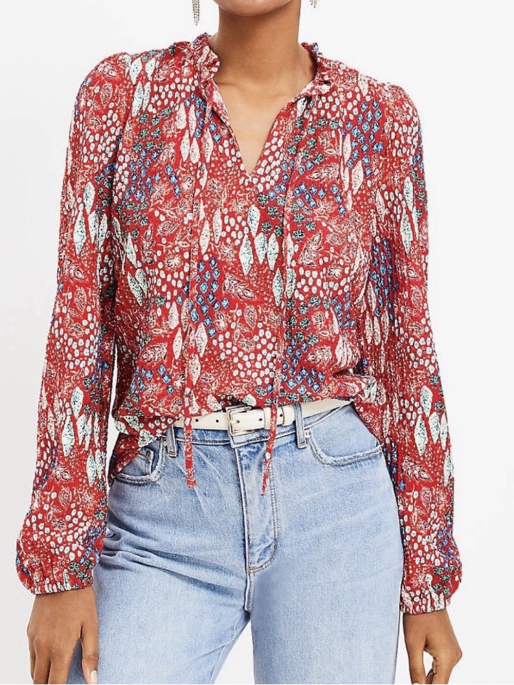 LOFT Garden Textured Ruffle Tie Neck Top Red Floral Pattern medium NWT